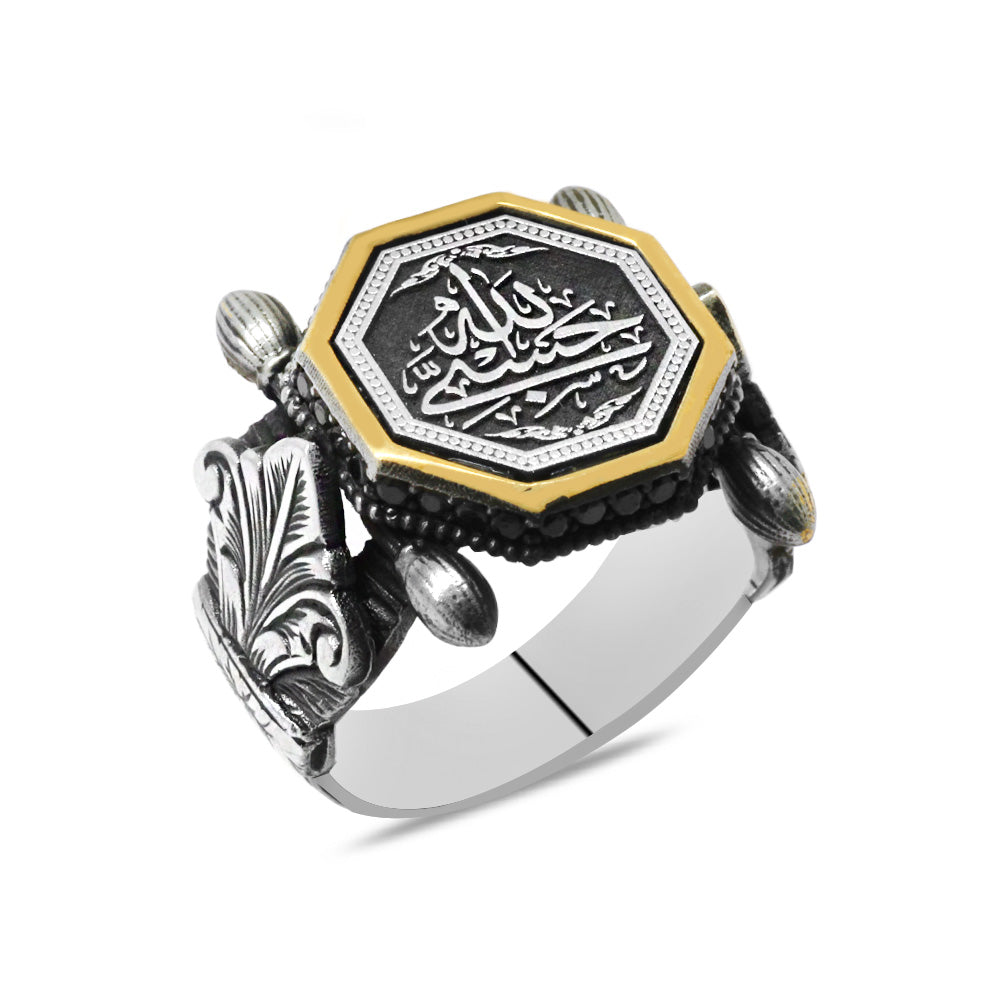 Authentic Design Black Zircon Stone Silver Men Ring with Calligraphy