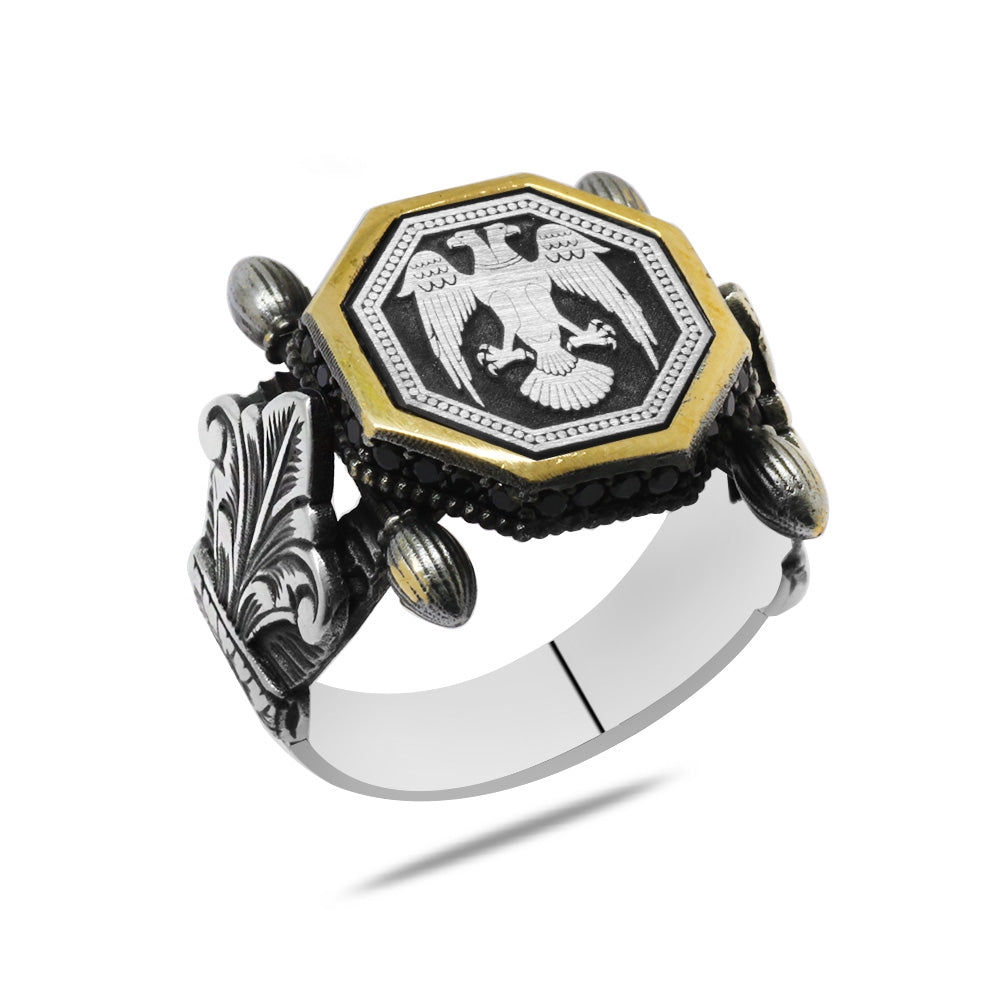 Black Zircon Stone and Eagle Embroidered Silver Men Ring