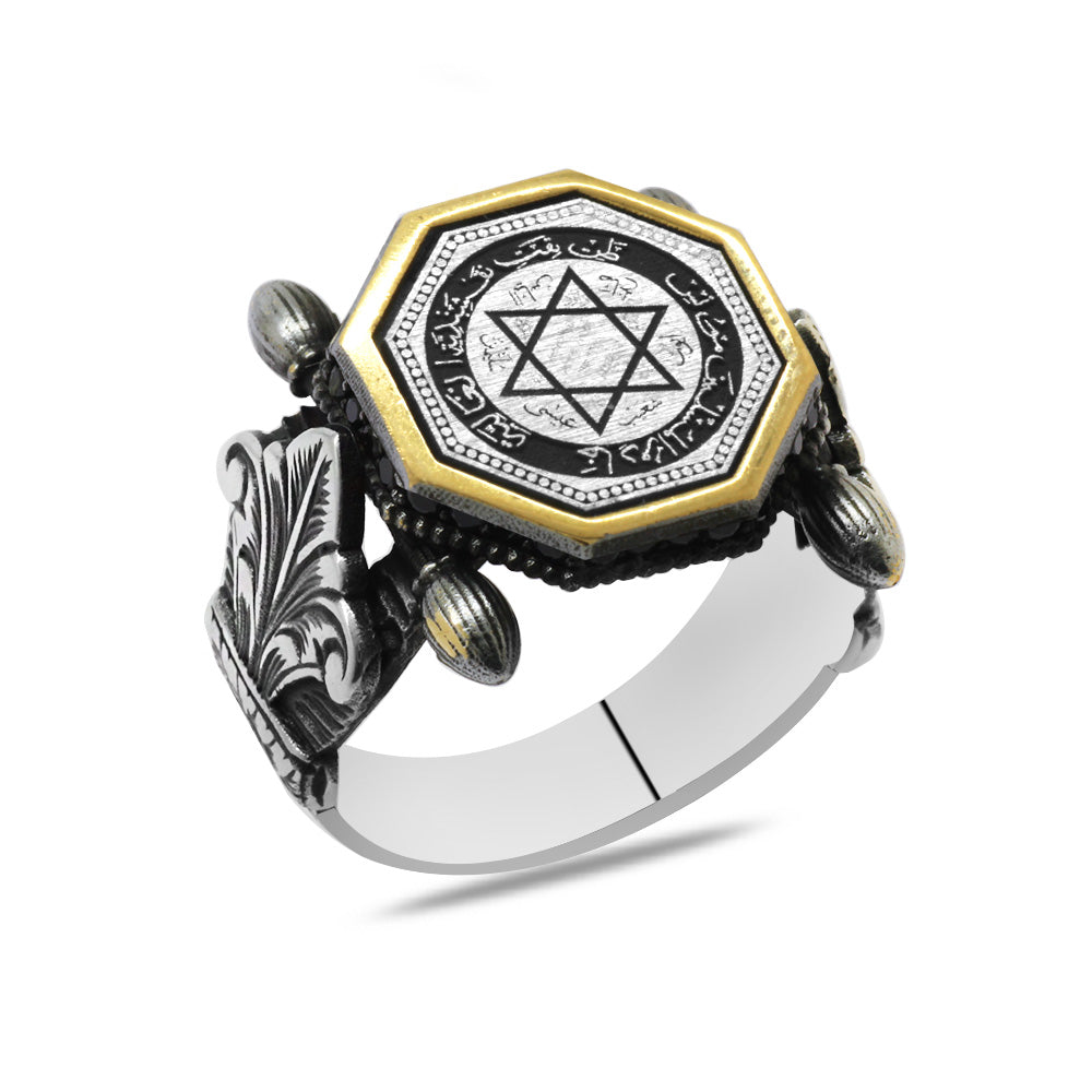 Black Zircon Stone Seal of Solomon Embroidered Silver Men Ring