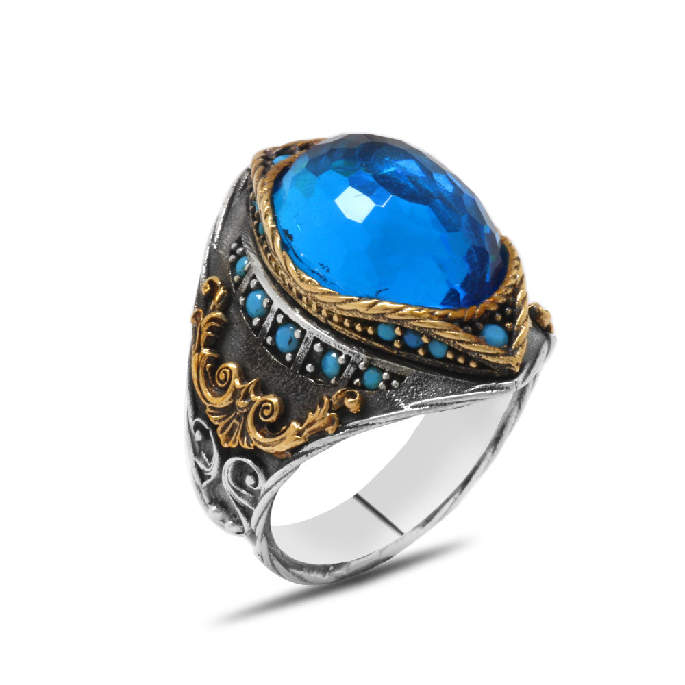 Compact Design Sterling Silver Men's Ring with Oval Aqua Zircon Stone