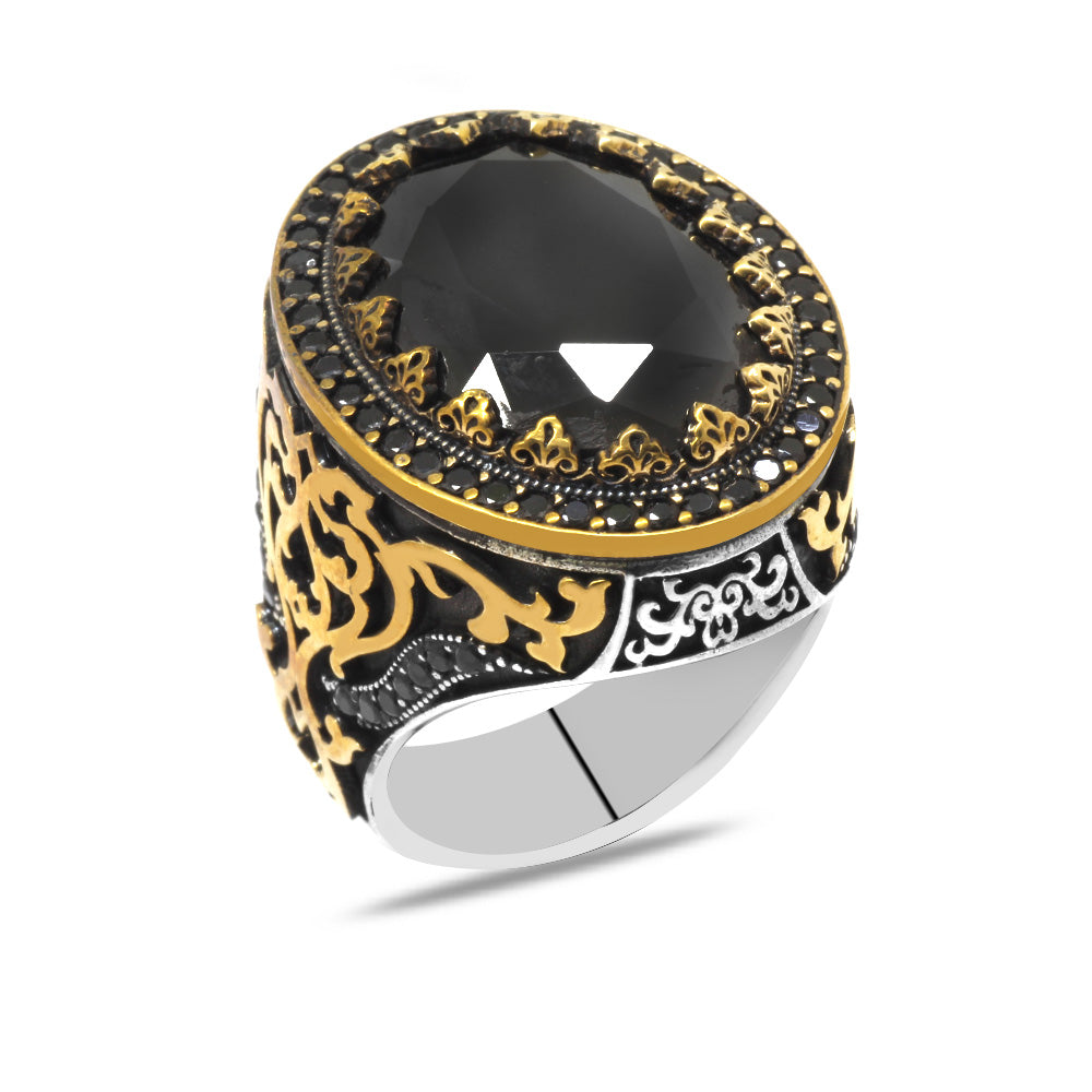 Oval Design Facet Black Zircon Stone 925 Sterling Silver Men's Ring