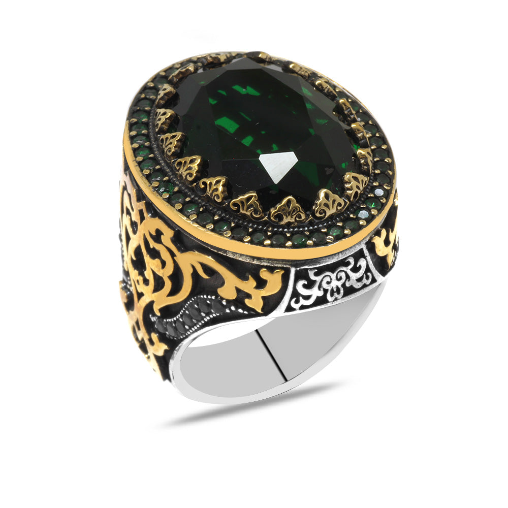 Oval Design Facet Green Zircon Stone 925 Sterling Silver Men's Ring