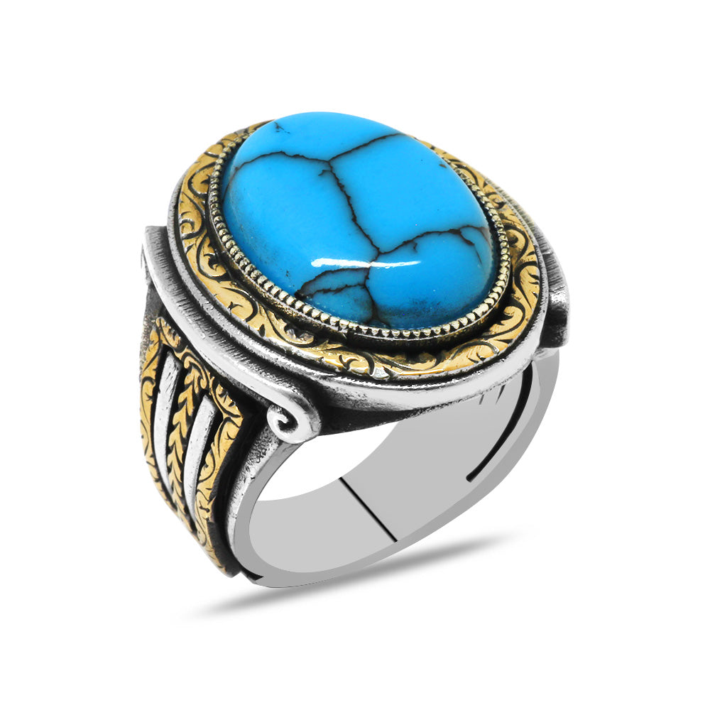 Oval Design Turquoise Stone Ivy Detailed Silver Men Ring