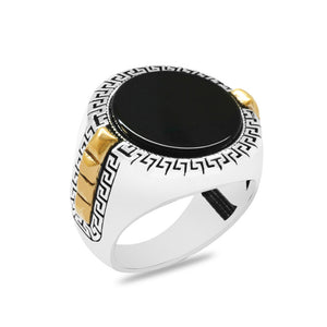 Oval Design Black Onyx Stone Greek Pattern 925 Sterling Silver Men's Ring