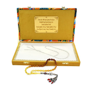 Special Premium Boxed 1000 Sterling Silver Tria Kazaz Tasseled  Red-Yellow Drop Amber Rosary