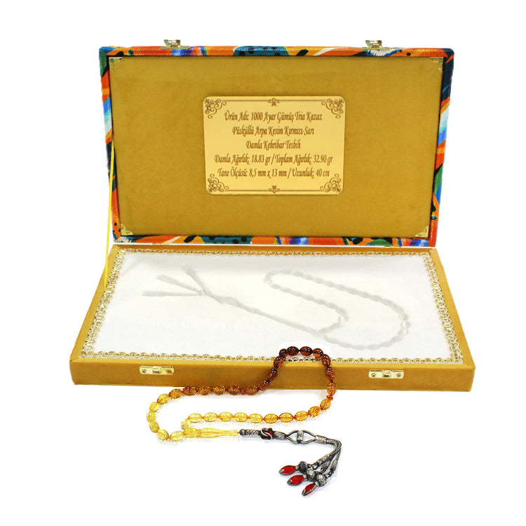 Special Premium Boxed 1000 Sterling Silver Tria Kazaz Tasseled  Red-Yellow Drop Amber Rosary