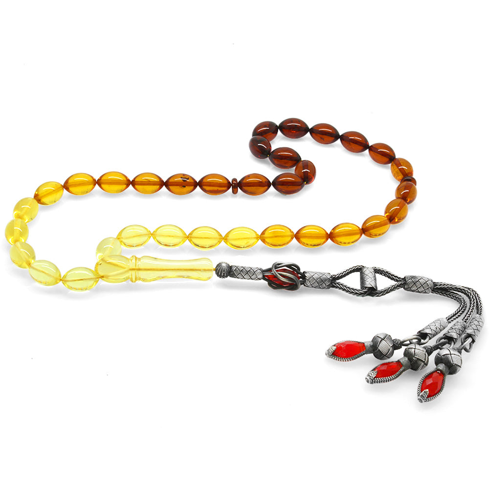 1000 Sterling Silver Tria Kazaz Tasseled  Red-Yellow Drop Amber Rosary