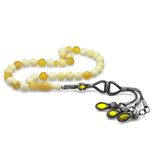 1000 Carat Kazaz Tasseled Sphere Cut King Seccer White-Yellow Moire Drop Amber Prayer Beads