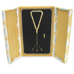 Special Premium Boxed 1000 Carat Kazaz Tasseled White-Yellow Moire Drop Amber Prayer Beads