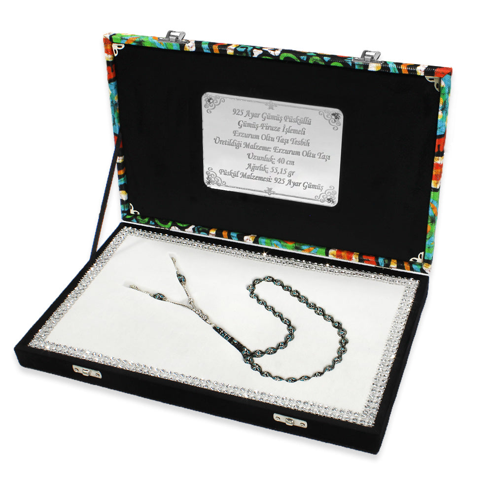 Special Premium Boxed 925 Sterling Silver Tassels Silver-Turquoise Embroidered Erzurum Oltu Stone Prayer Beads