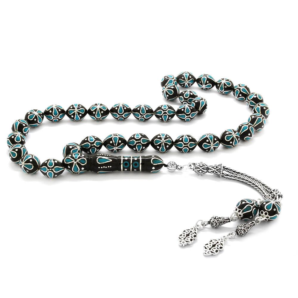 925 Sterling Silver Tassels Silver-Turquoise Embroidered Erzurum Oltu Stone Prayer Beads