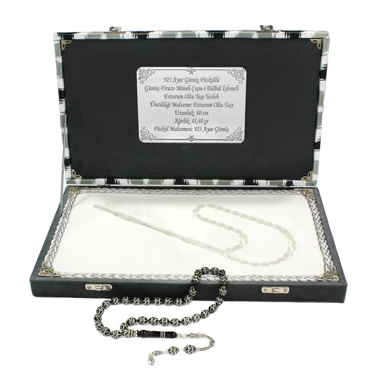 Special Premium Boxed 925 Sterling Silver Tasseled  Erzurum Oltu Stone Prayer Beads