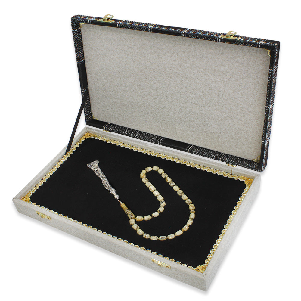 Special Premium Boxed 925 Sterling Silver Filigree Seljuk Motif Tasseled Capsule Cut Dalmatian Drop Amber Rosary