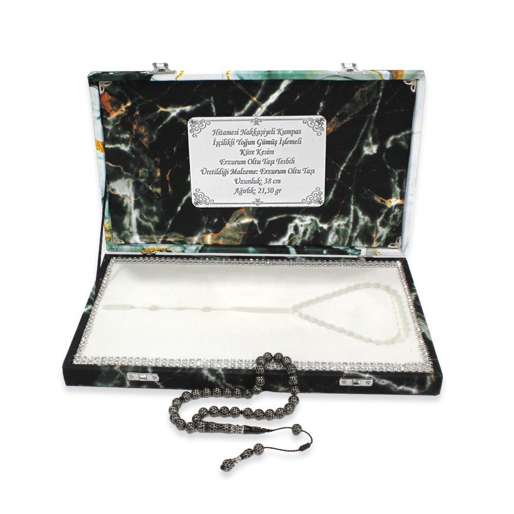 Special Premium Boxed Hitamesi Painter Caliper Workmanship Intensive Silver Embroidered Sphere Cut Erzurum Oltu Stone Prayer Beads