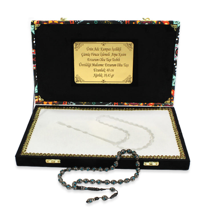 Special Premium Boxed Caliper Workmanship Silver-Turquoise Embroidered Barley Cut Erzurum Oltu Stone Prayer Beads