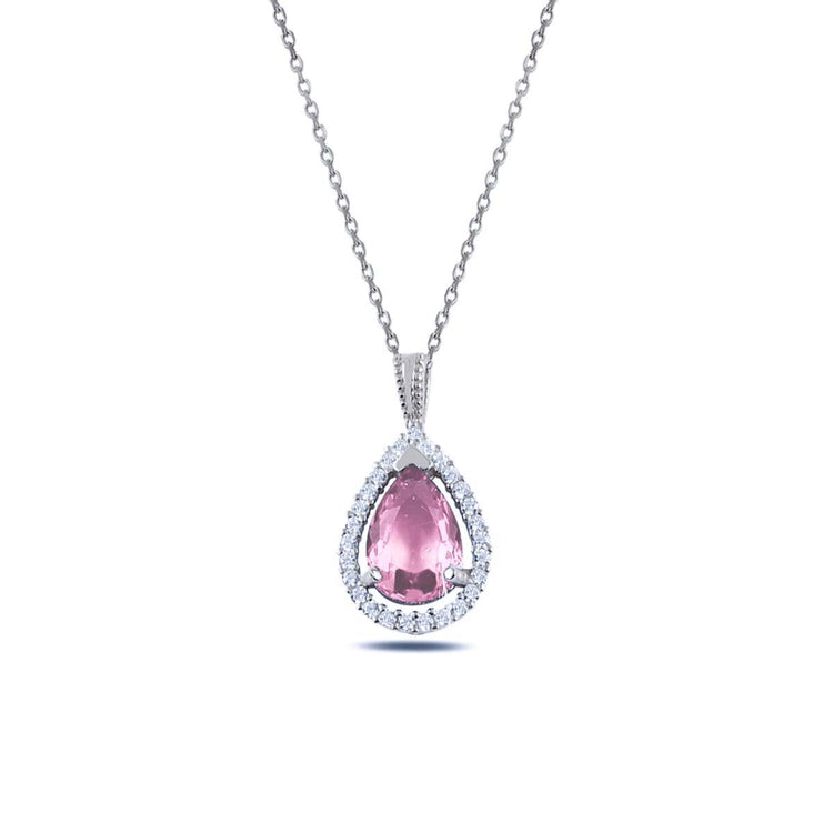Ve Tesbih Pink Zircon Stone Silver Necklace