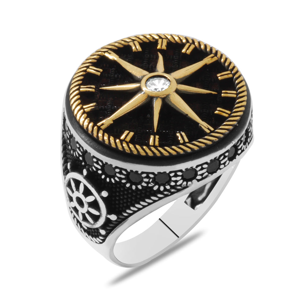 Compass Design 925 Sterling Silver Men's Ring with Black Zircon Stone 
