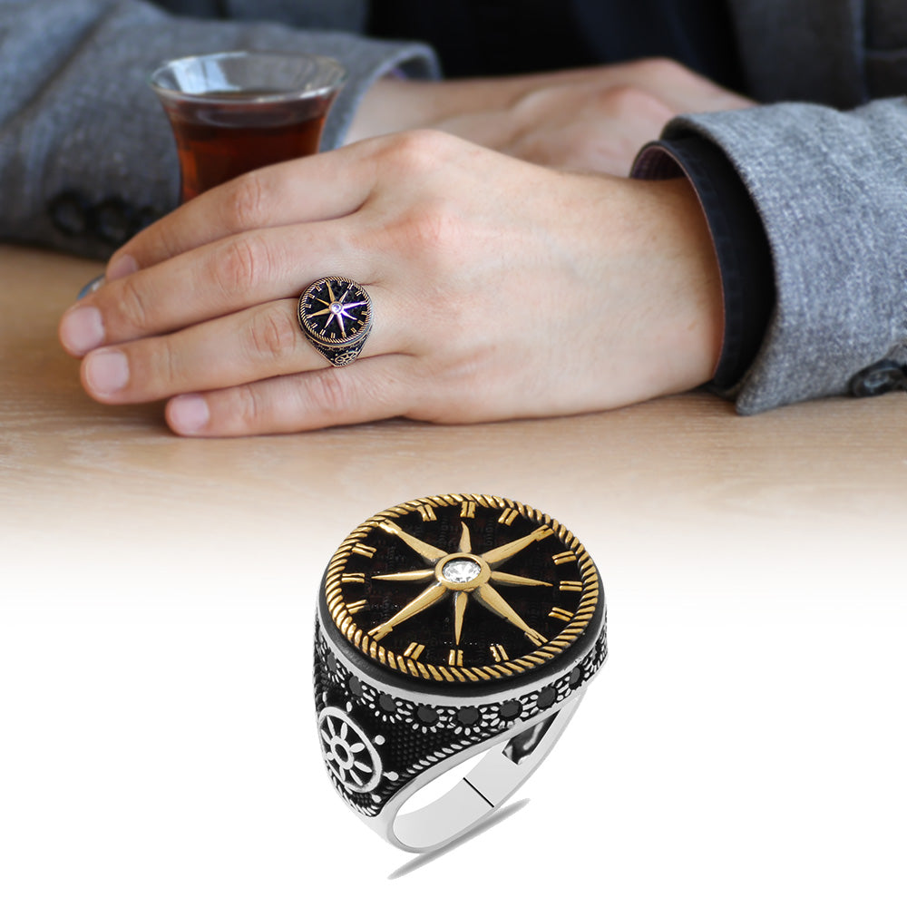 Compass Design 925 Sterling Silver Men's Ring with Black Zircon Stone Set on the Sides