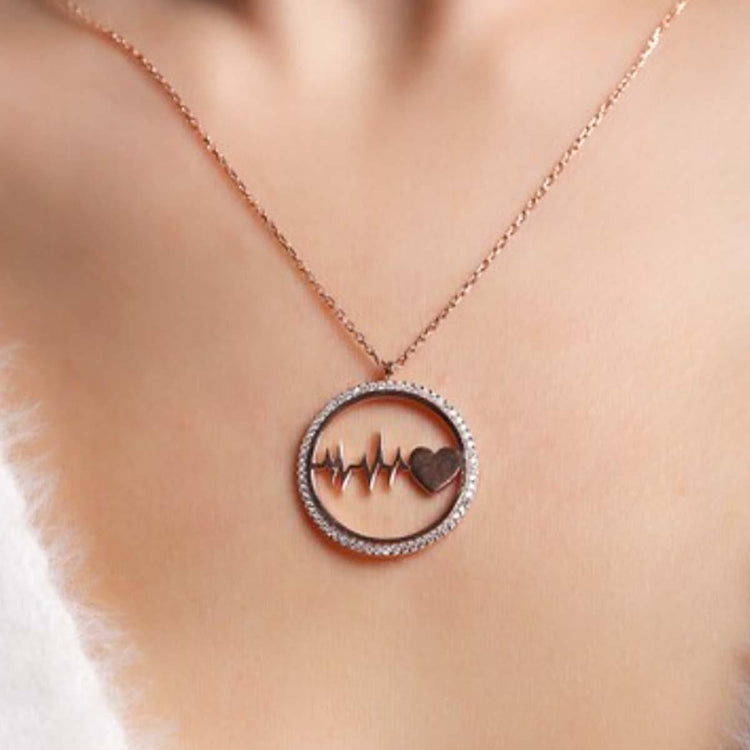 Ve Tesbih Rhythm Heart Model Rose Silver Necklace