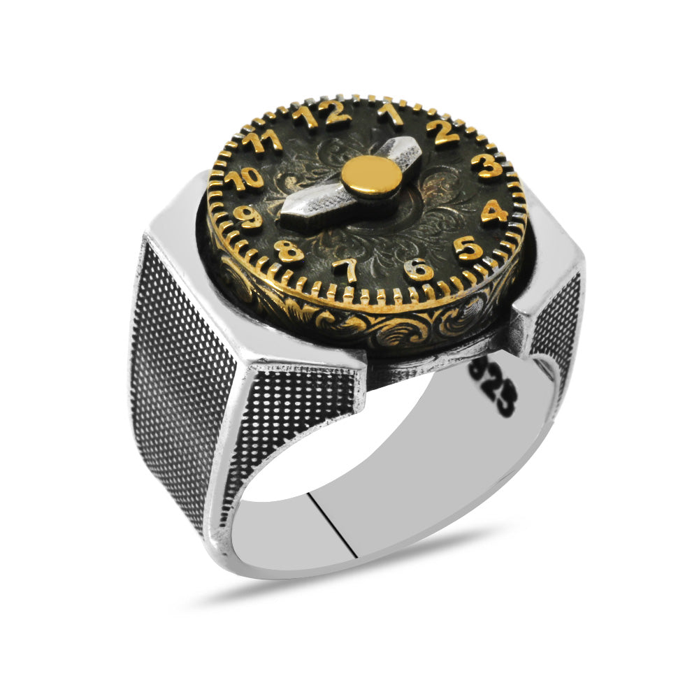 Clock Design Ivy Detailed Silver Men Ring