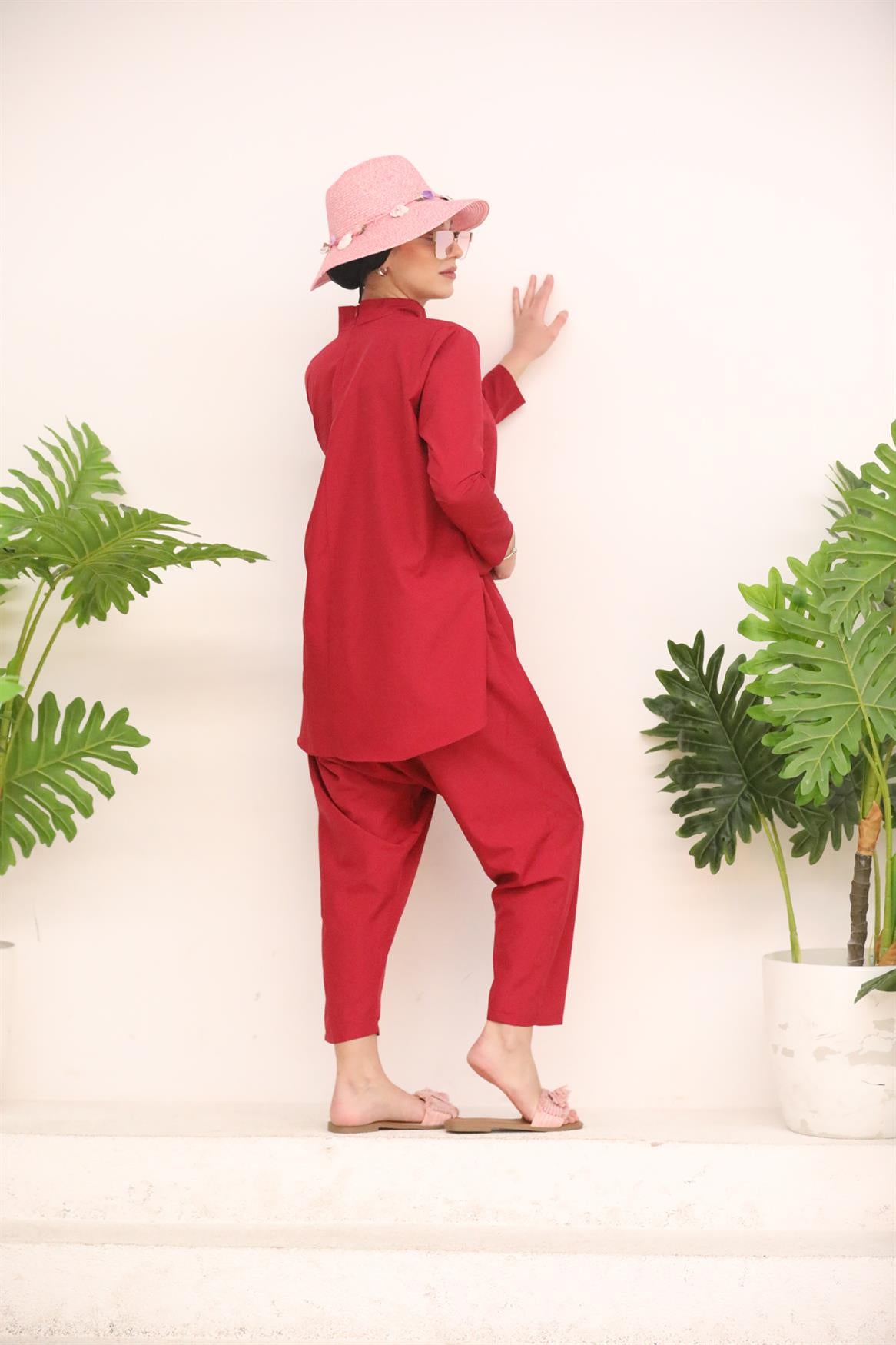 Shalwar Cut Overalls Swimsuit - Claret Red