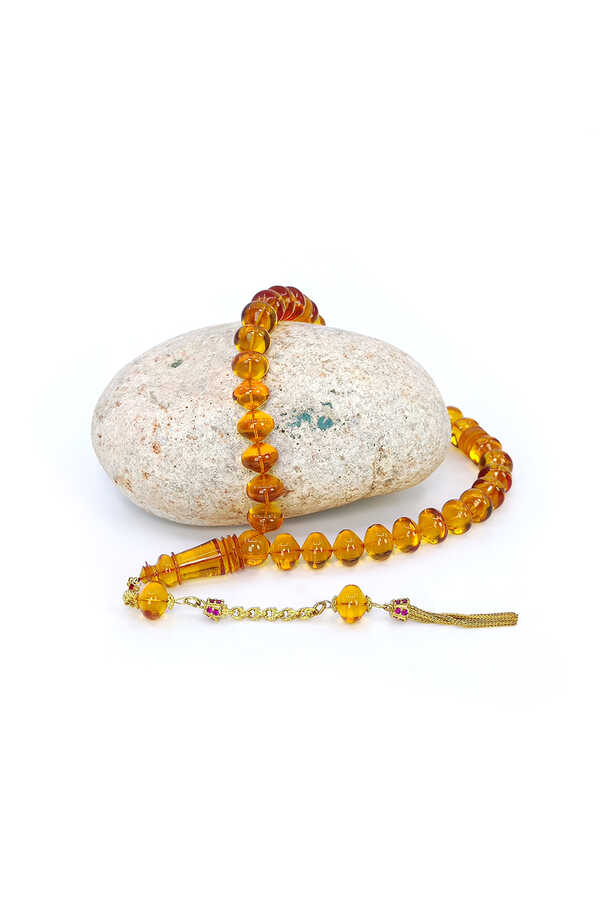 Ve Tesbih Fire Amber Rosary with Yellow Silver Tassels 3