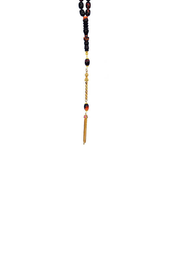 Yellow Silver Tasseled Capsule Cut Crimped Amber Rosary 2