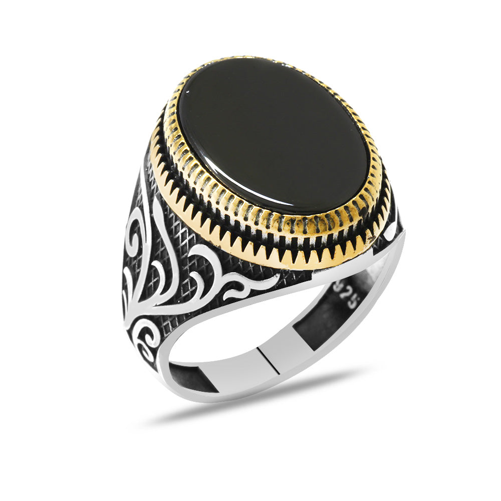 Ivy Patterned Oval Design Onyx Stone 925 Sterling Silver Men's Ring