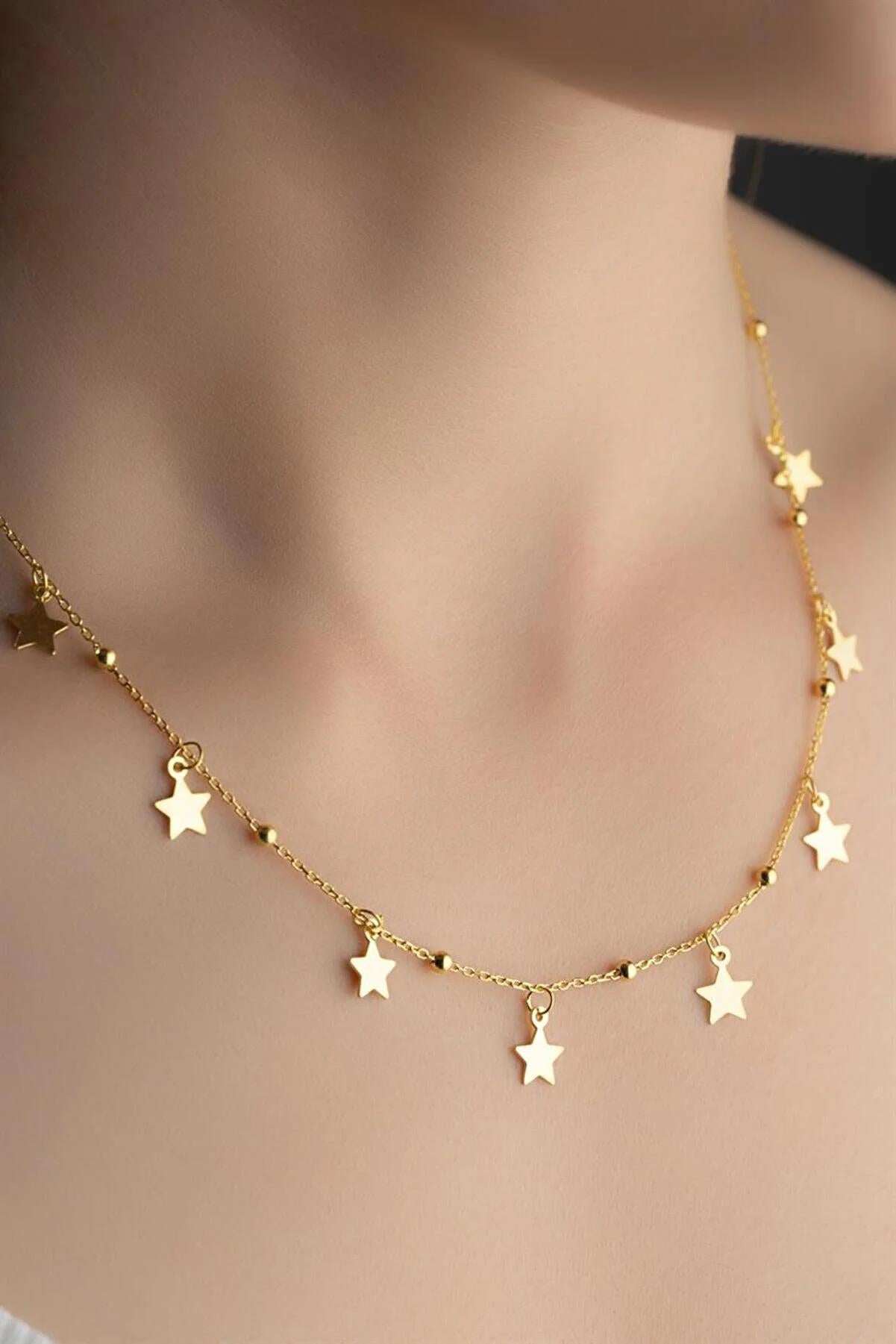 Ve Tesbih Row Star 925 Sterling Silver Gold Women's Necklace 1