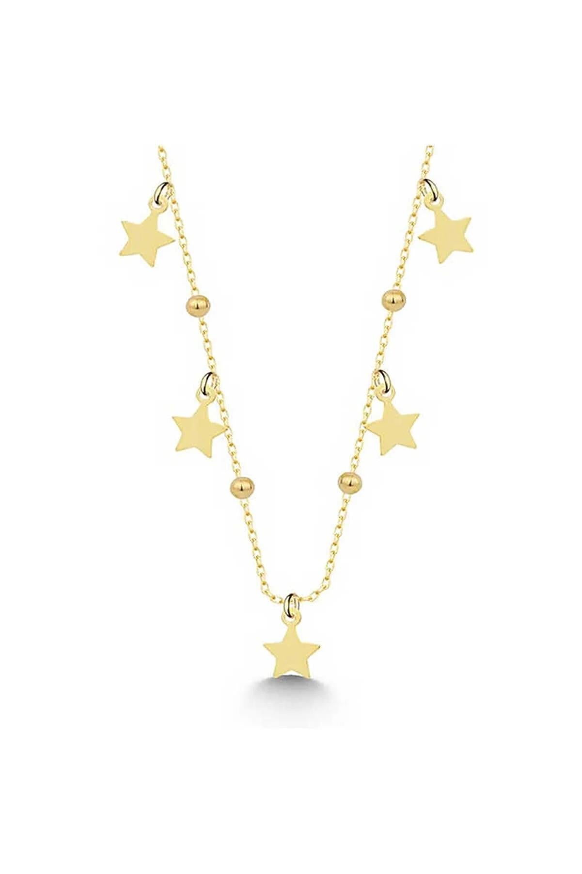 Ve Tesbih Row Star 925 Sterling Silver Gold Women's Necklace 2