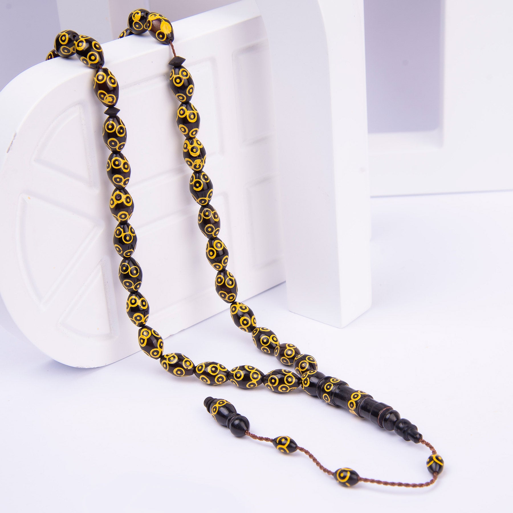 Systematic Solid Cut Embroidered Ebony Wood Prayer Beads 1