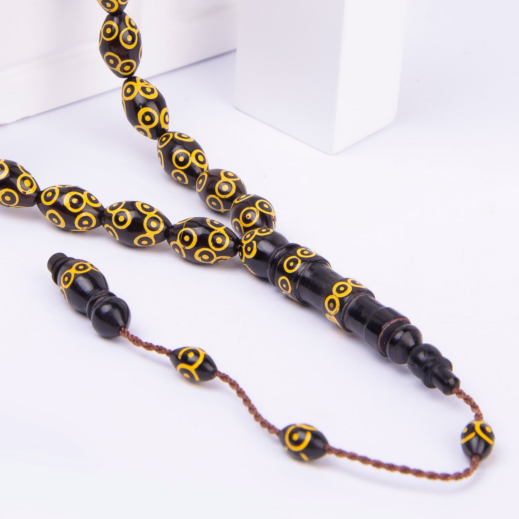 Systematic Solid Cut Embroidered Ebony Wood Prayer Beads 2