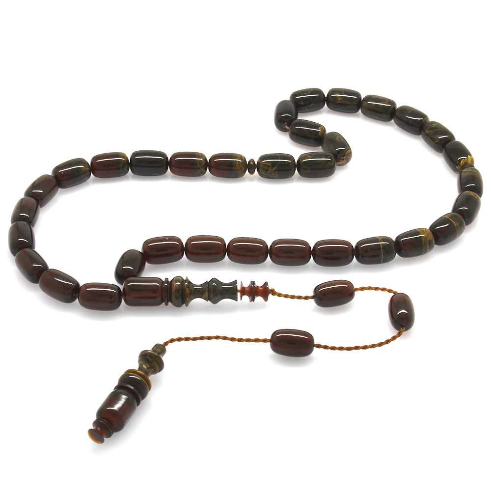 Systematic, Special Cut Red-Dark Brown Fire Amber Prayer Beads, Each Bead & Imitation Skillfully Crafted