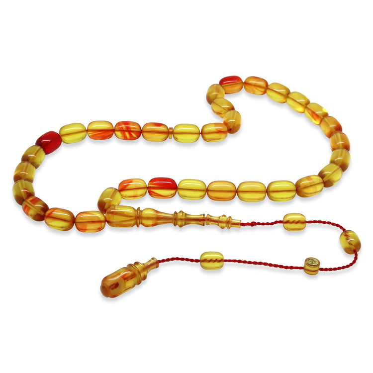 Yellow and Red Moire Rod Pressed Amber Prayer Beads