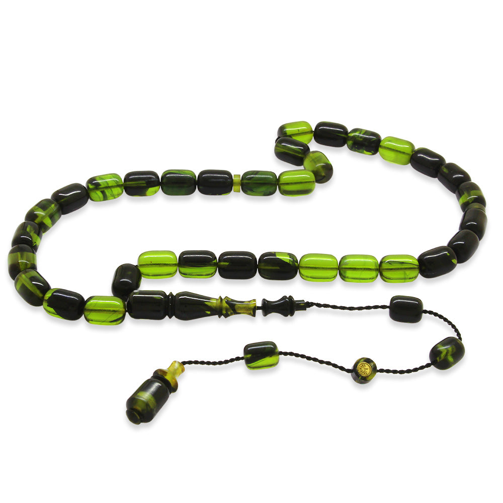 Systematic Capsule Cut Green Black Rod Squeezed Amber Prayer Beads