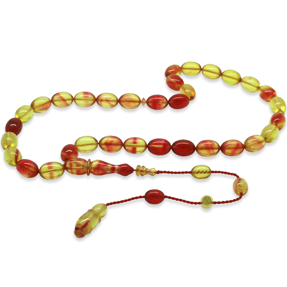 Systematic, Specially Cut, Yellow and Red Rod Pressed Amber Prayer Beads