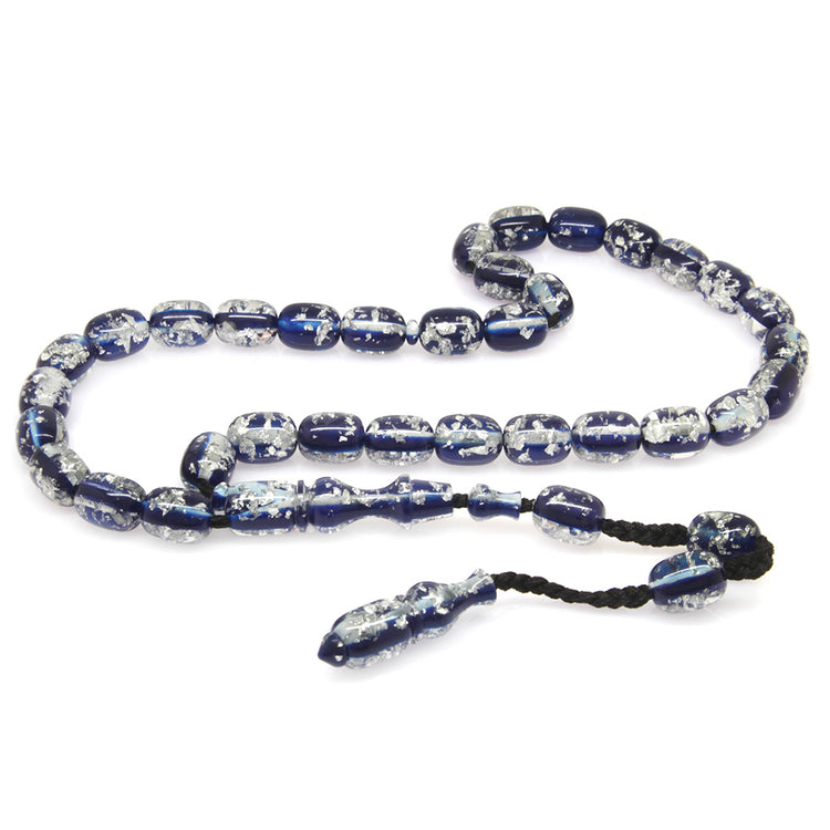 Systematic Capsule Cut Silver Leafed Dark Blue Airplane Glass Prayer Beads