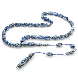 Systematic Capsule Cut Pearlescent Blue-White Color Galalit Rosary