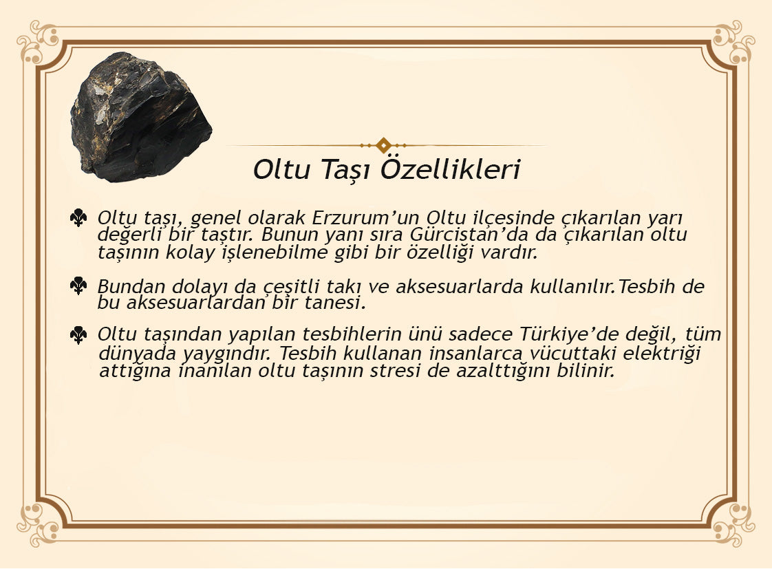 Systematic Tulip Design Fabricated Barley Cut Erzurum Oltu Stone Prayer Beads, Each Piece with Caliper Workmanship