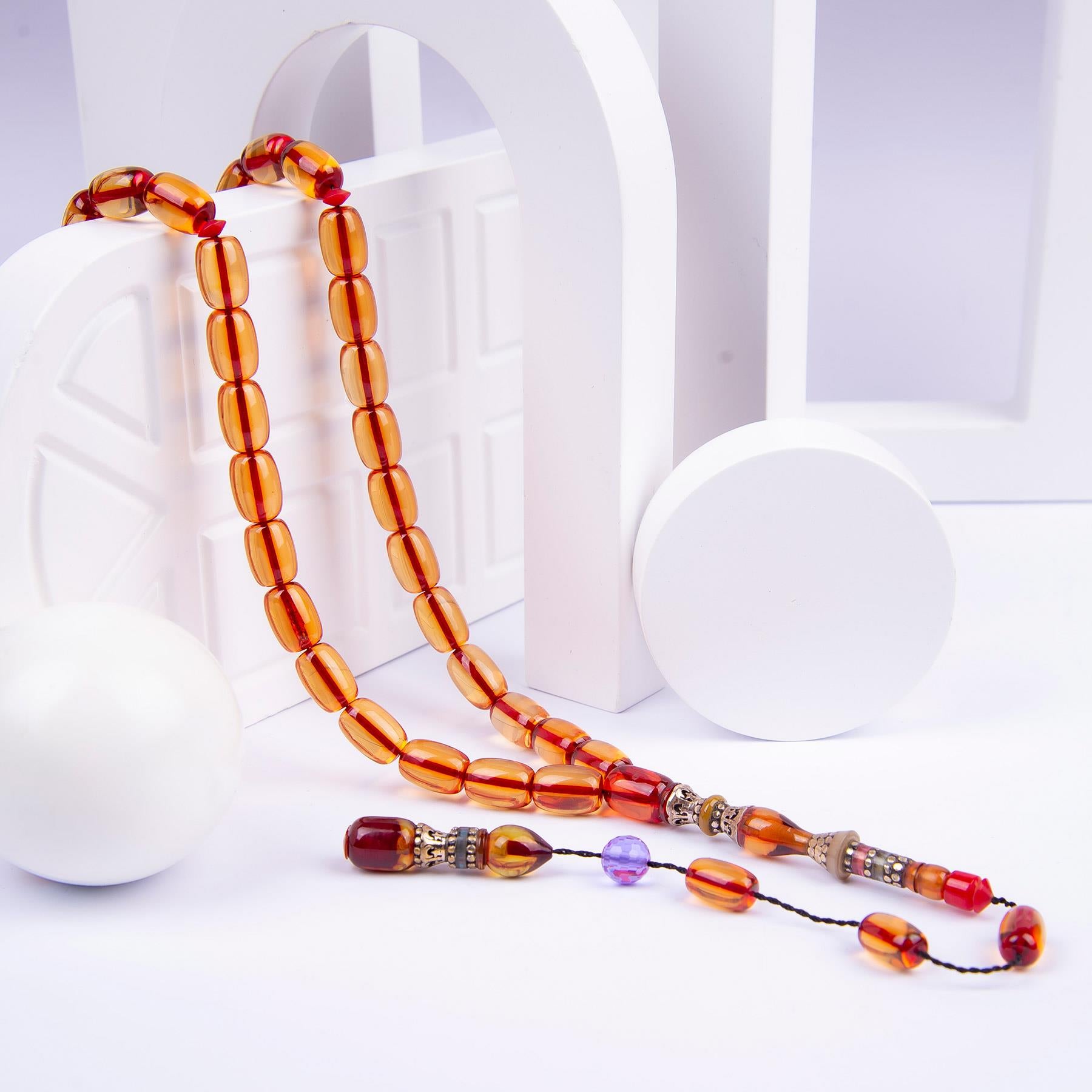 Ve Tesbih Embroidered Capsule fire Amber Prayer Beads 1
