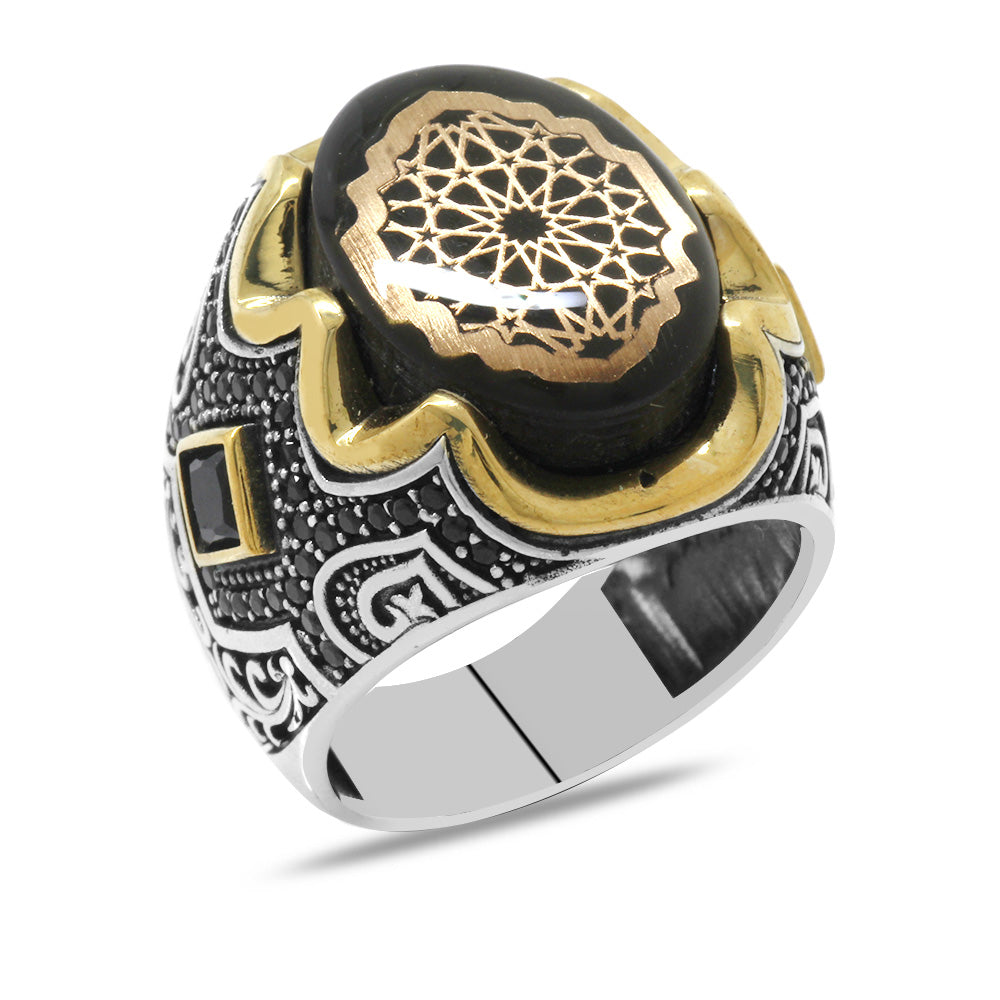 Silver Men Ring with Anatolian Motifs on Black Amber