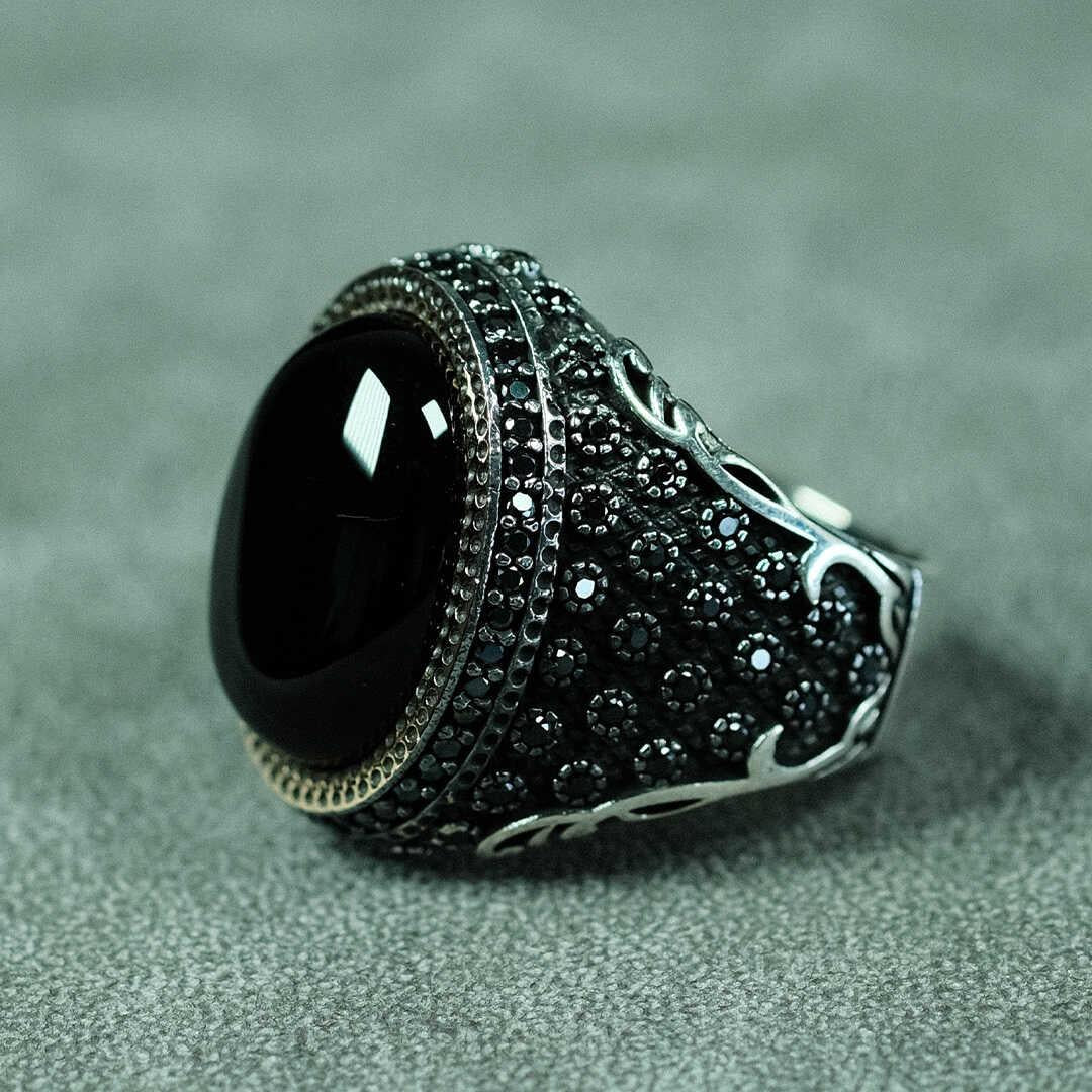 Black Model Agate Stone 925 Sterling Silver Men's Ring 2
