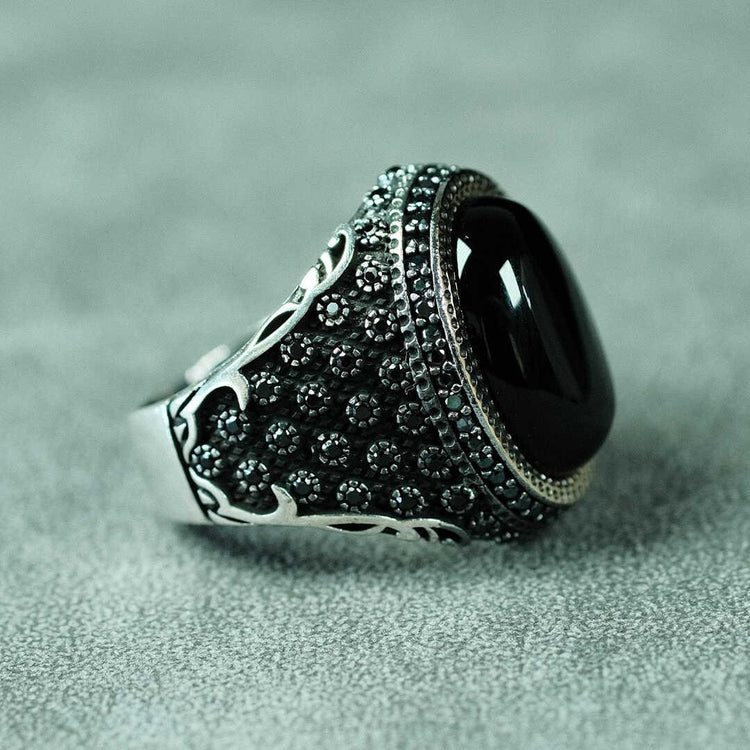 Black Model Agate Stone 925 Sterling Silver Men's Ring 3