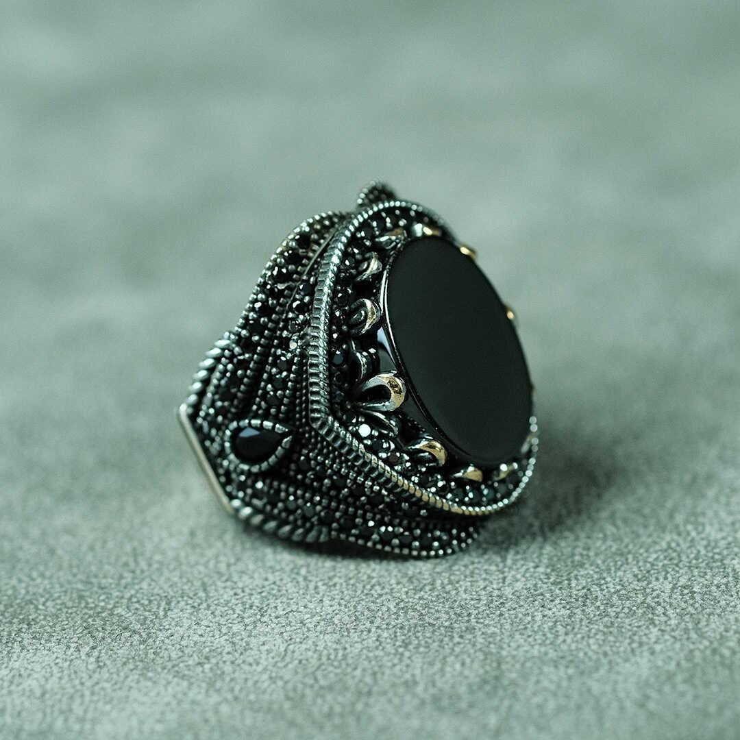 Ve Tesbih Black Model Flat Agate Stone 925 Sterling Silver Men's Ring 3