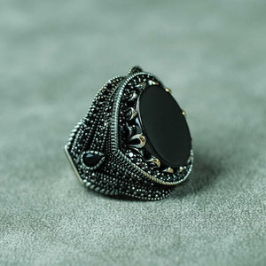 Ve Tesbih Black Model Flat Agate Stone 925 Sterling Silver Men's Ring 3