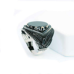Ve Tesbih Black Model Flat Agate Stone 925 Sterling Silver Men's Ring 4