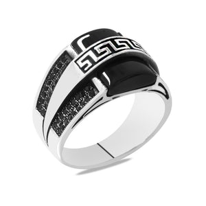 925 Sterling Silver Menderes Ring with Black Onyx Stone and Greek Chain Detail