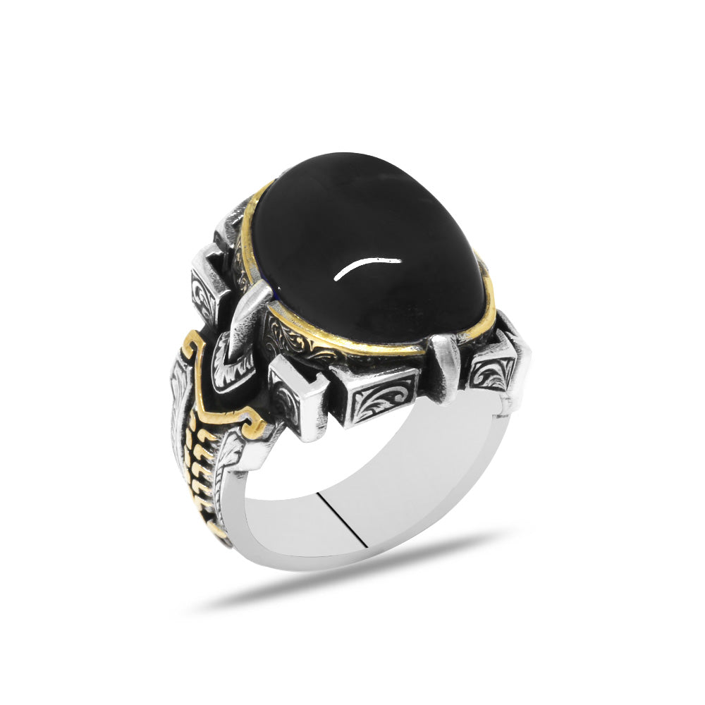 Black Onyx Stone Pencil Design Silver Men Ring