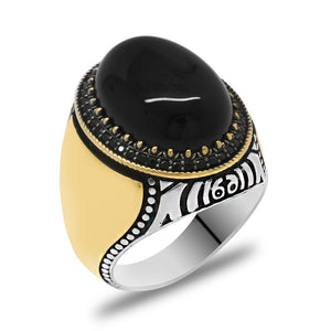 925 Sterling Silver Men's Ring with Black Onyx Stone, Micro Zircon Stone