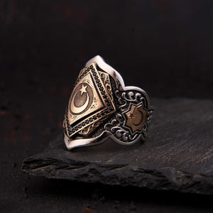 Black Onix Detailed Crescent and Star Zihgir Model Silver Ring 1